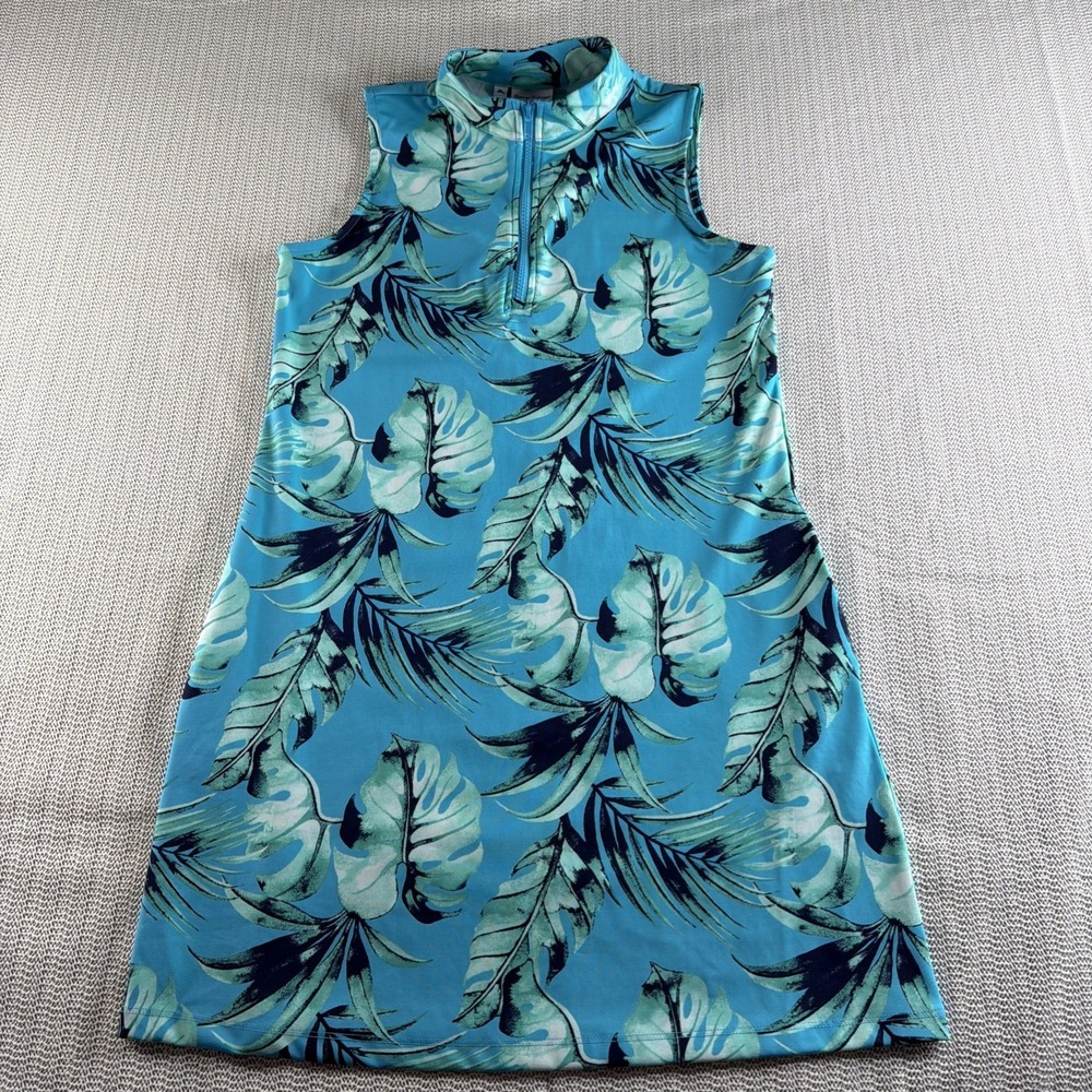 Tommy Bahama Golf Dress Womens Medium Blue Tropical Leaf Sleeveless Zip